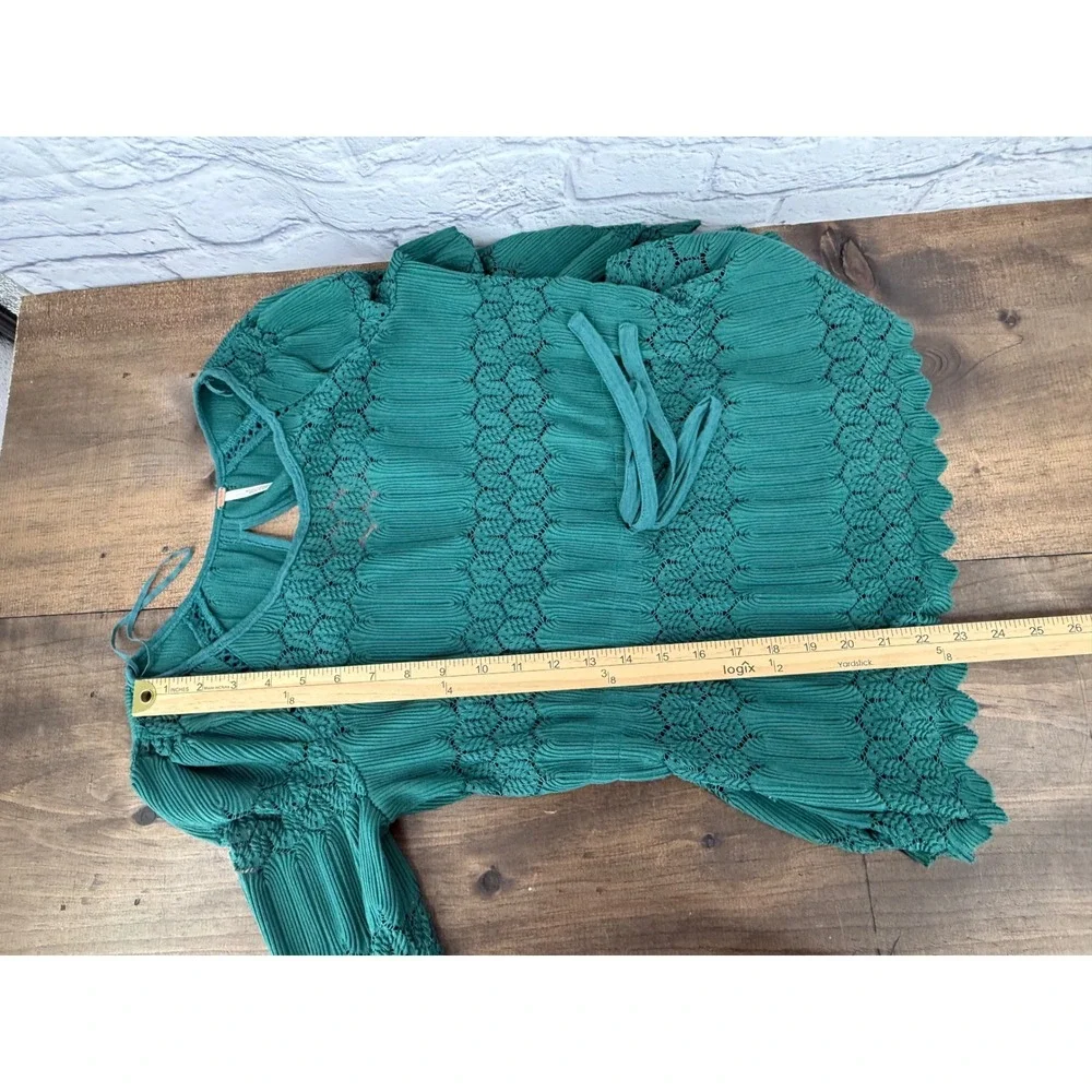 Free People Fire Island Crochet Knit Top XS Teal Green Lace Boho Peplum Blouse